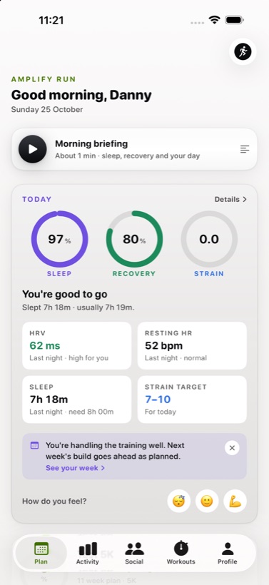 The Amplify Run home screen: a morning briefing you can play, and sleep, recovery and strain scoring 97, 80 and 0.0.