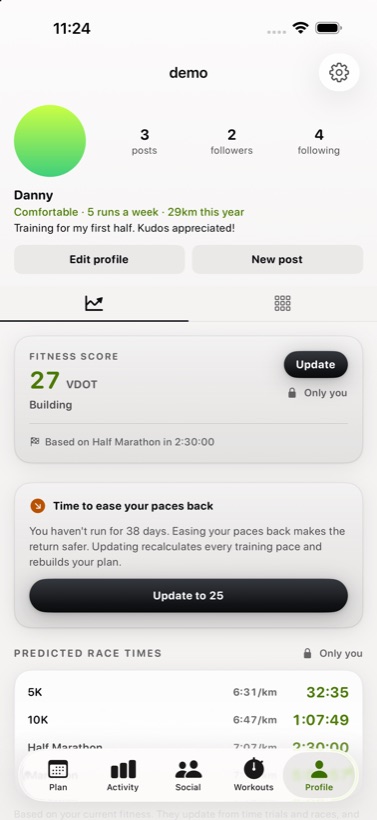 The profile screen offering to ease paces back after 38 days without running, with an Update to 25 button.
