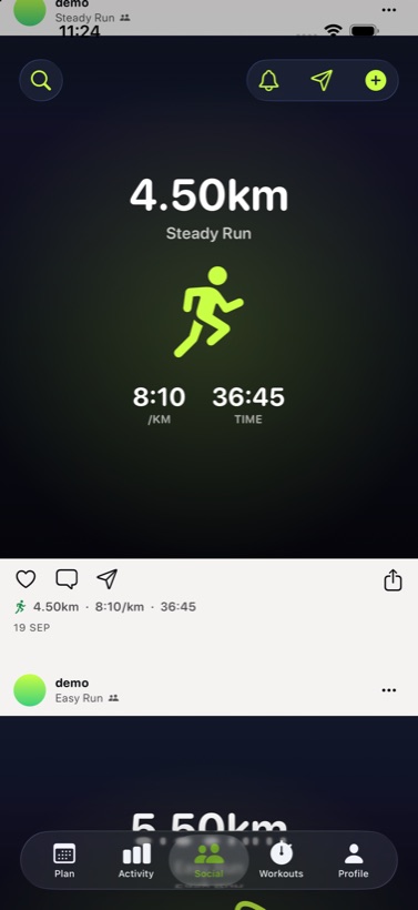 The feed: a shared run showing 4.50km, 8:10 per kilometre and 36:45 over a dark photo.